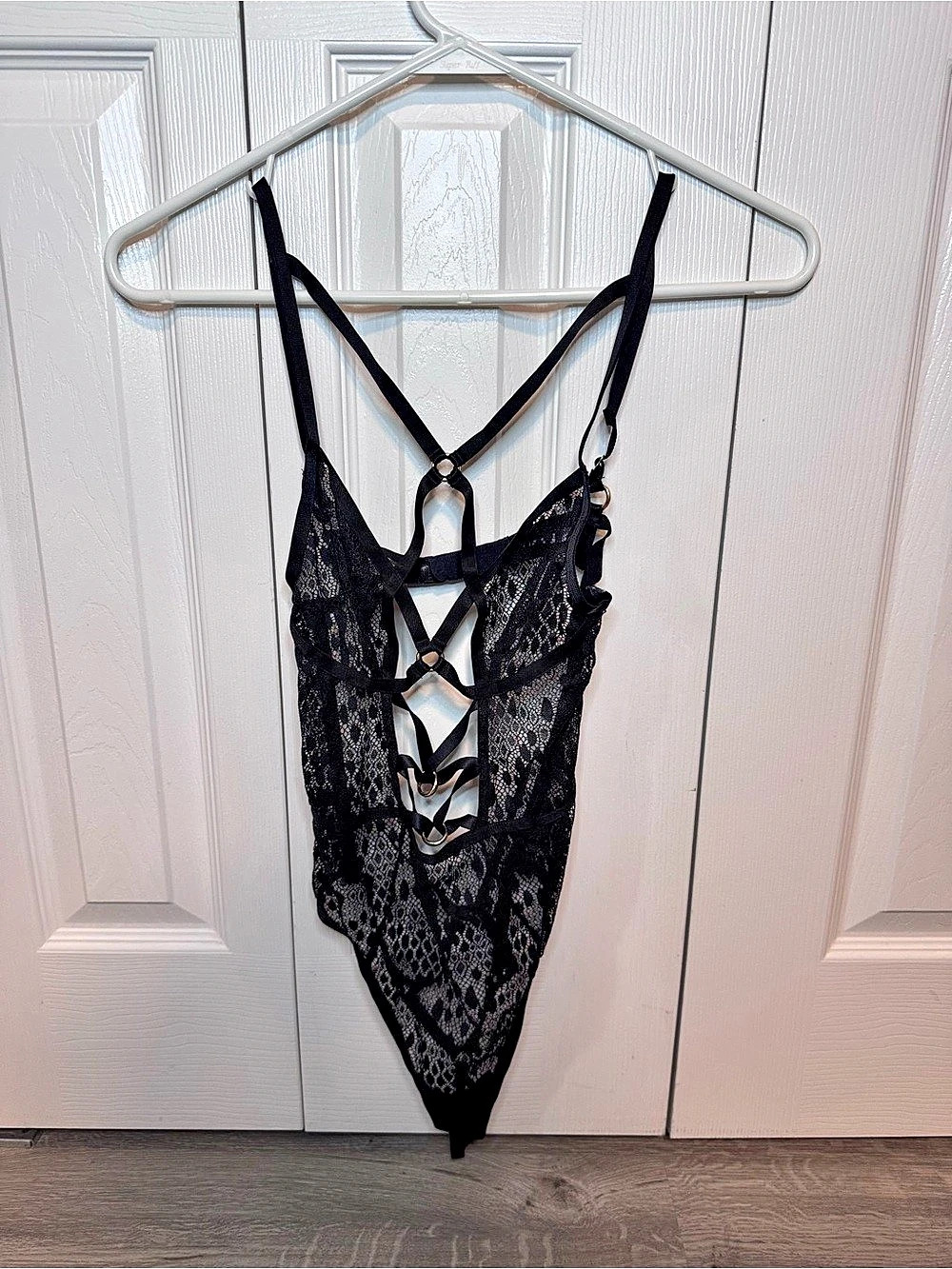 Victoria's Secret Black Lace Strappy Harness Teddy Bodysuit